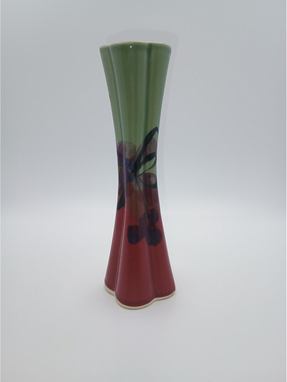 Vintage Ceramic Flower Vase with Green and Red Floral Design signed by Follette